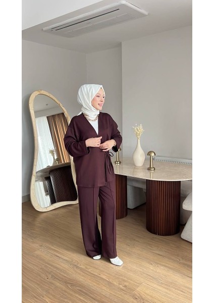 Kadın Yandan Düğmeli Kimonolu Takım- Mürdüm modelleri
