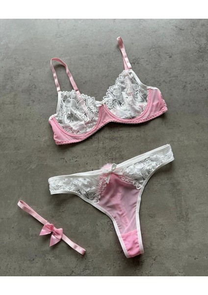 Pembe Dantel ve Fırfır Detaylı Ponponlu Şık Iç Çamaşırı Takımı fırsatları