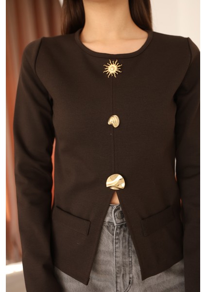 Kadın Kahverengi Interlok Cep ve Sembolik Düğme Detaylı Kadın Kışlık/mevsimlik Bluz indirimleri
