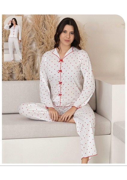 Kadın Uzun Kollu Pijama Beyaz