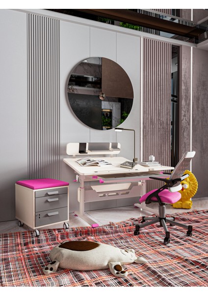 Mimarlık İçin Uygun Eğim Verilebilir Çizim Masası + Sandalye + Keson - Ekru/Fuşya - Vega Delüx