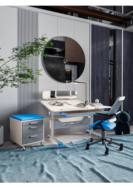 Modern Tasarımlı Üniversiteli Çalışma Masası + Sandalye + Keson - Ekru/Mavi - Vega Delüx
