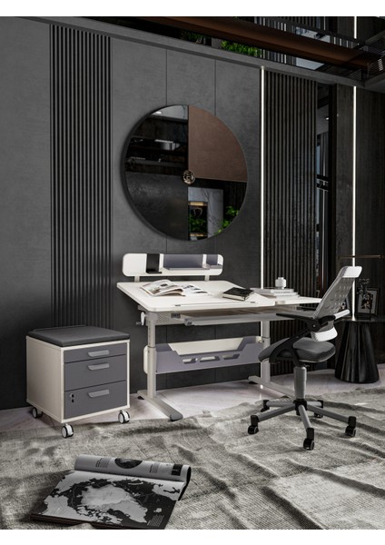 Fonksiyonel Home Ofis Çalışma Masası + Sandalye + Keson - Ekru/Gri - Vega Delüx