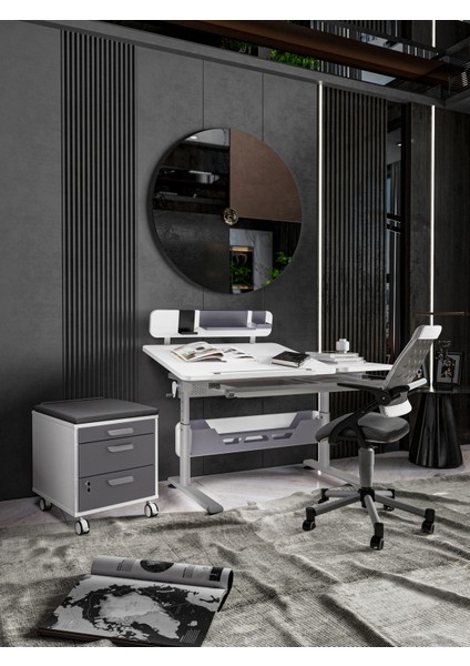 Montessori Uyumlu Eğim Verilebilir Çalışma Masası + Sandalye + Keson - Beyaz/Gri - Vega Delüx