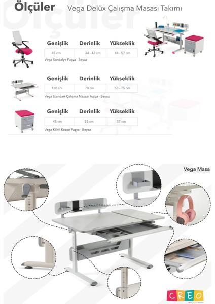 Çekmeceli Ergonomik Çalışma Masası, Eğim Ayarlı Masa + Sandalye + Keson - Beyaz/Mavi - Vega Delüx