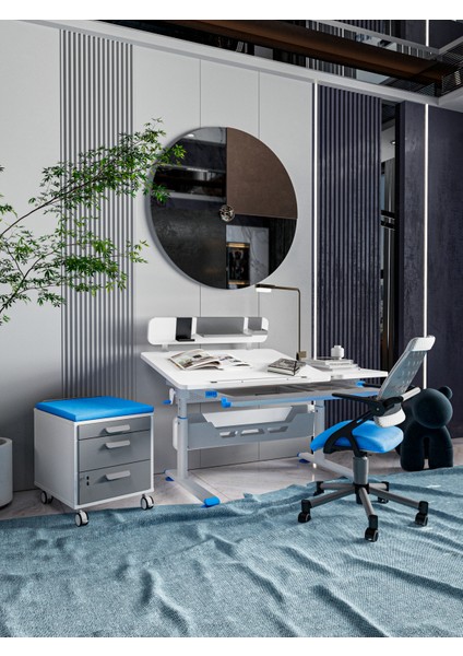 Çekmeceli Ergonomik Çalışma Masası, Eğim Ayarlı Masa + Sandalye + Keson - Beyaz/Mavi - Vega Delüx