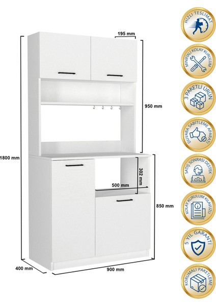 Tuco 2 Çok Amaçlı Mutfak Dolabı & Mikrodalga Fırın Dolabı & Banyo Dolabı 180X90 cm Beyaz