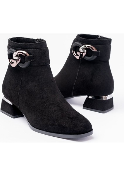 RM-504 Siyah Süet Toka Aksesuarlı Topuklu Fermuarlı Günlük Kadın Bot
