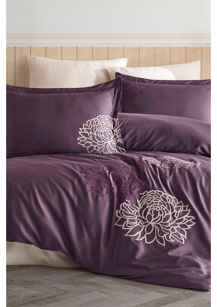 Siena Nakışlı %100 Pamuk Saten Çift Kişilik Nevresim Takımı Mürdüm