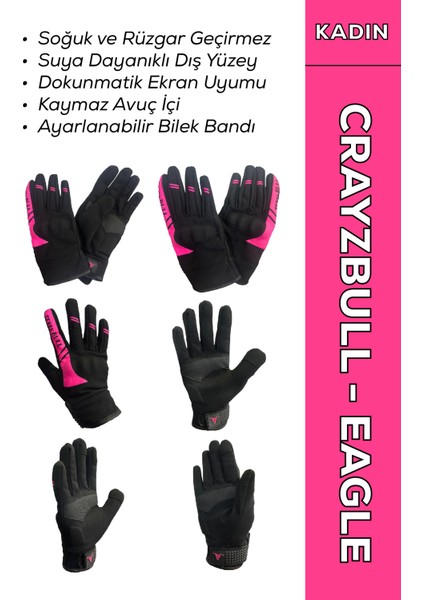 / Crayzbull Eagle Pembe Su ve Rüzgar Geçirmez Kışlık Kadın Motosiklet Eldiveni XS