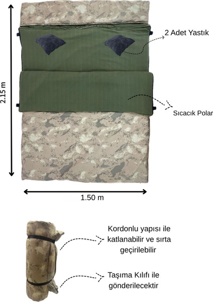 Çift Kişilik Askeri Kamuflaj Uyku Tulumu(-25 °c) 220 gr ELYAF/180 Polar Kalın&sıcak Su Geçirmez Kamp