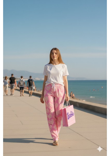 Beyaz Papatya Kalp Desenli Pembe Kumaş Pijama Alt -BK1000021