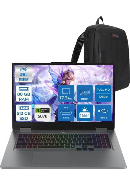 Loq 17IRX10 Intel Core I7 14700HX 80GB Ddr5 512GB SSD RTX5070 8gb 115W Freedos 17 Inç Fhd (1920X1080) IPS 300NITS 165HZ 100% Srgb Taşınabilir Bilgisayar W83JH006HTRF37 + Zetta Çanta