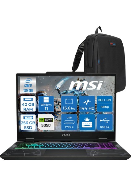 Msı Cyborg 15 Intel Core I7 13620H 40GB Ddr5 256GB SSD RTX5050 Gddr7 8gb Windows 11 Home 15.6" Fullhd (1920X1080) 144HZ IPS Taşınabilir Bilgisayar B13WEKG613XTRH16 + Zetta Çanta