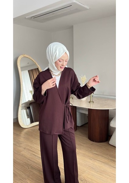 Kadın Yandan Düğmeli Kimonolu Takım- Mürdüm indirimleri