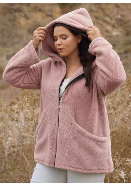 Kadın Büyük Beden Uzun Kollu Cepli Kapüşonlu Fermuarlı Peluş Hırka Ceket