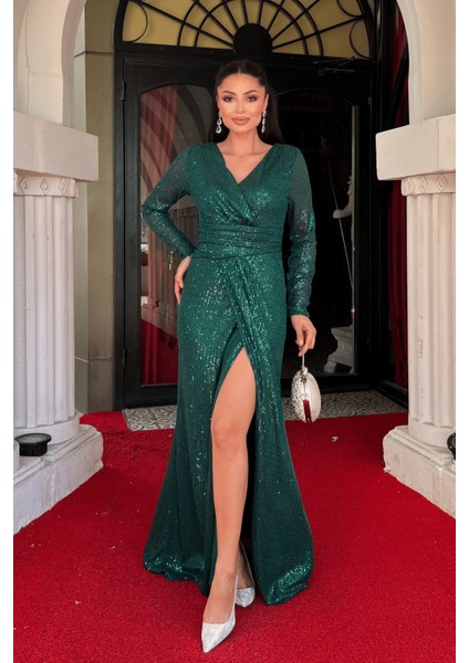 Pul Payet Kumaş Kruvaze Yaka Abiye Elbise - Zümrüt Yeşil