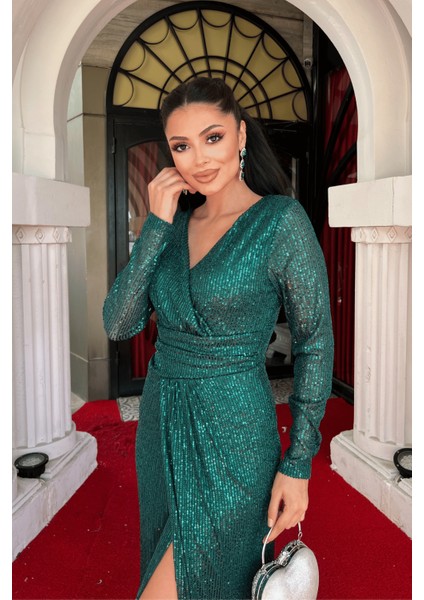 Pul Payet Kumaş Kruvaze Yaka Abiye Elbise - Zümrüt Yeşil modelleri
