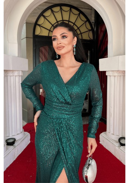 Pul Payet Kumaş Kruvaze Yaka Abiye Elbise - Zümrüt Yeşil fırsatları