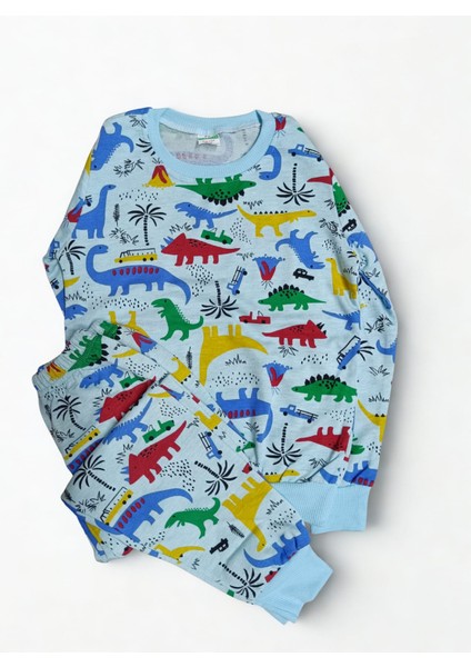 Erkekçocuk Uzunkollu Mavi Dinazor Desenli Pijama Takımı
