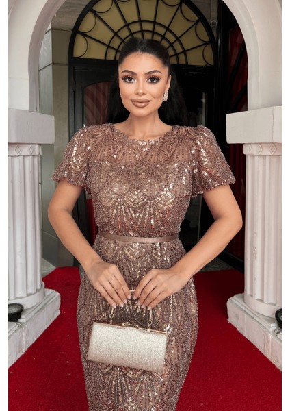 Full Boncuklu Kalem Elbise - Bakır modelleri