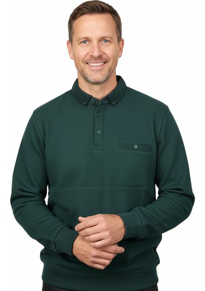 Erkek Kışlık Kazak Polo Yaka Oxford Fleto Cepli Dokulu Rahat Kesim Tam Kalıp