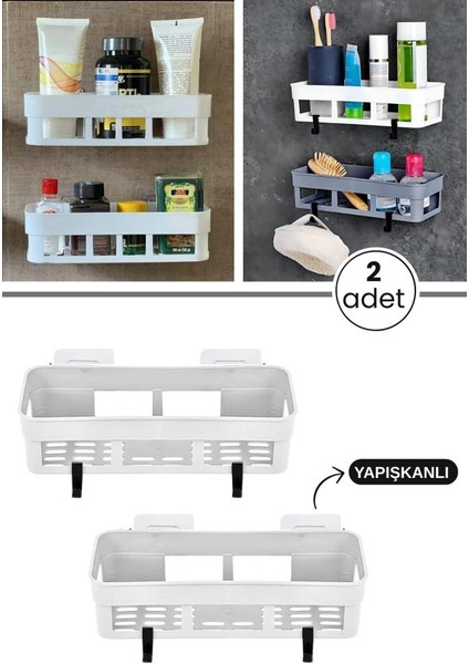 2 Adet Yapışkanlı Plastik Raf, Delme Vida Gerektirmeyen Banyo Duş Şampuan Mutfak Baharat Rafı Beyaz