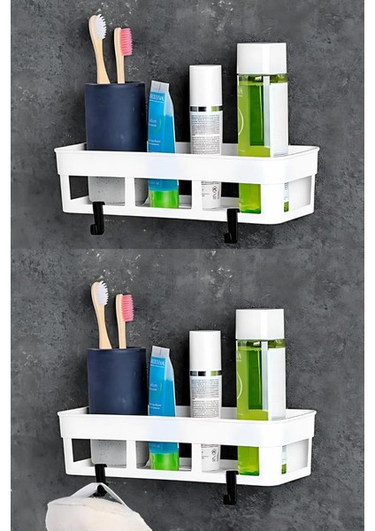 2 Adet Yapışkanlı Plastik Raf, Delme Vida Gerektirmeyen Banyo Duş Şampuan Mutfak Baharat Rafı Beyaz indirimleri
