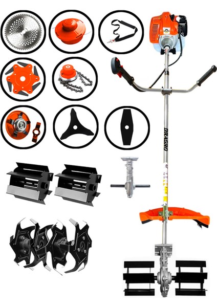 Profesyonel 9 Parça 2 Zamanlı Yan Tipi Benzinli Motorlu Tırpan Ot Çim Biçme Kesme Makinesi Çift Çapa