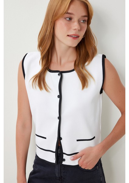 Kontrast Şeritli Fitilli Triko Yelek LYY0101 Beyaz
