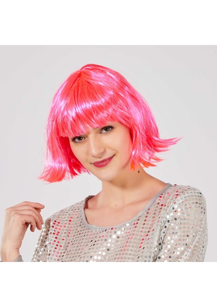 Resveq Şeker Pembe Renk Parti Peruğu Küt Saç