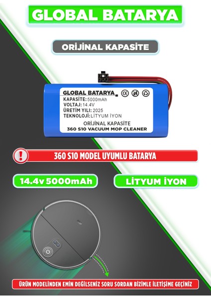 360 S10 Vacuum Mop Cleaner Uyumlu Robot Süpürge Bataryası 14.4V 5000MAH Li-Ion Pil (Orijinal Kapasite)