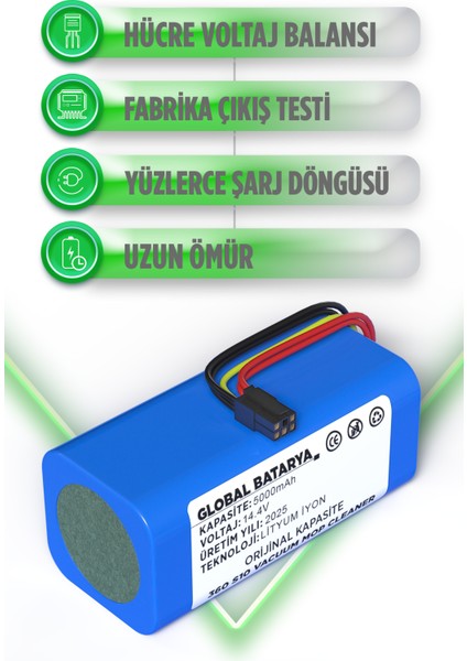 360 S10 Vacuum Mop Cleaner Uyumlu Robot Süpürge Bataryası 14.4V 5000MAH Li-Ion Pil (Orijinal Kapasite) modelleri