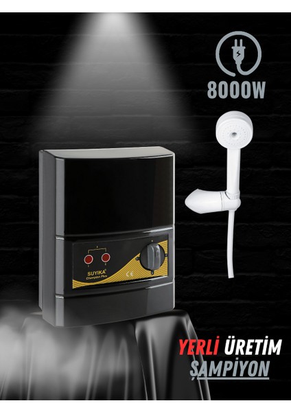 Champion Plus Elektrikli Şofben 8000W Göz Alıcı Parlak Siyah Rengiyle Türkiyede İlk fiyatları