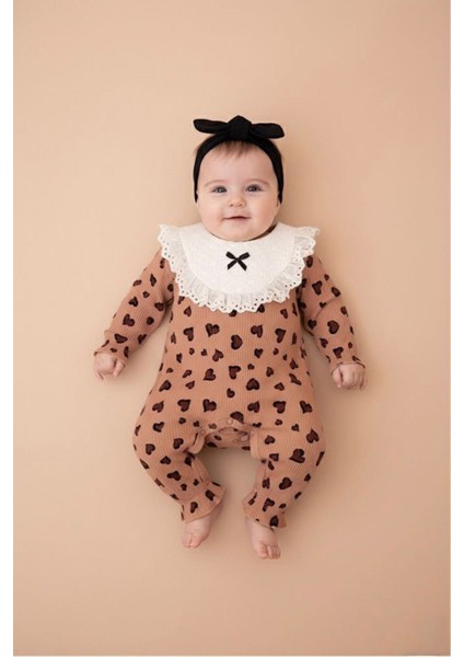 Leopar Kalp Desenli Kız Bebek tulum - Kahve