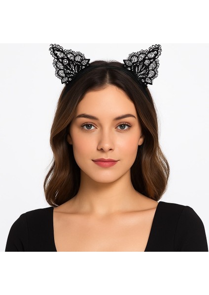 Resveq Dantelli Siyah Kedi Tacı - Vintage Tarz Dantel Kedi Kulak