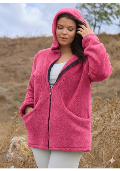Kadın Büyük Beden Uzun Kollu Cepli Kapüşonlu Fermuarlı Peluş Hırka Ceket