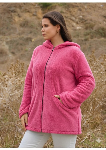 Kadın Büyük Beden Uzun Kollu Cepli Kapüşonlu Fermuarlı Peluş Hırka Ceket fiyatları