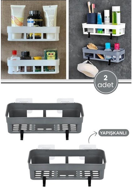 2 Adet Yapışkanlı Plastik Raf, Delme Vida Gerektirmeyen Banyo Duş Şampuan Mutfak Baharat Rafı Gri
