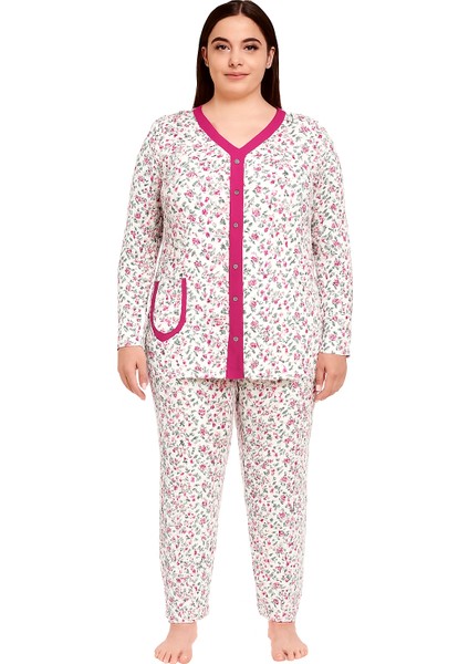 Kadın Boydan Düğmeli Çiçekli Pamuklu Pijama Takımı