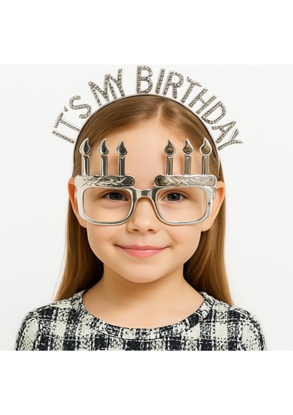 Resveq It&amp;#39;s My Birthday Yazılı Taç ve Mum Şekilli Gözlük Seti Gümüş Renk