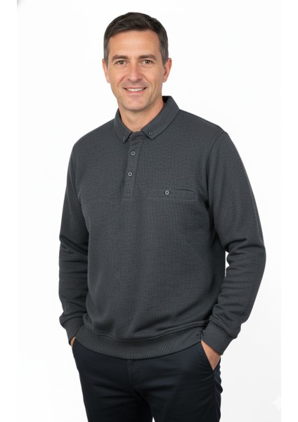 Erkek Kışlık Kazak Polo Yaka Oxford Fleto Cepli Dokulu Rahat Kesim Tam Kalıp