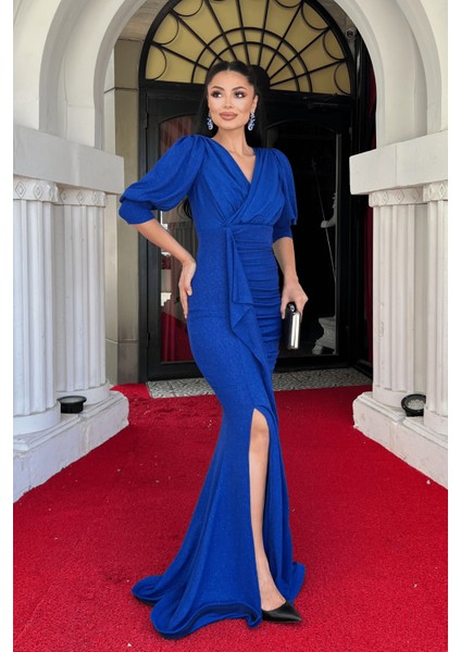 Simli Kumaş Balık Model Volan Detaylı Abiye Elbise - Saks Mavi fiyatları