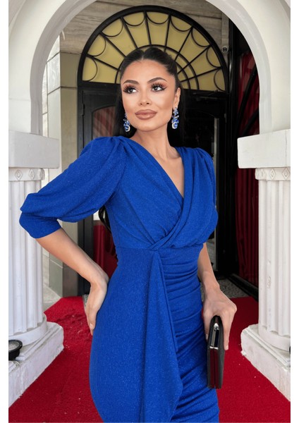 Simli Kumaş Balık Model Volan Detaylı Abiye Elbise - Saks Mavi modelleri