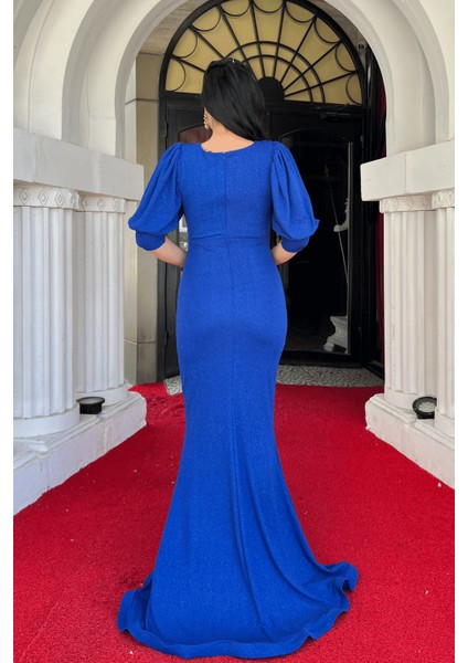 Simli Kumaş Balık Model Volan Detaylı Abiye Elbise - Saks Mavi indirimleri