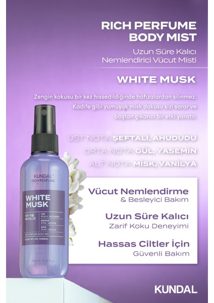 Parfüm Etkili, Nemlendirici Vücut Misti Kundal Rich Perfume Body Mist 100ML (White Musk) fiyatları