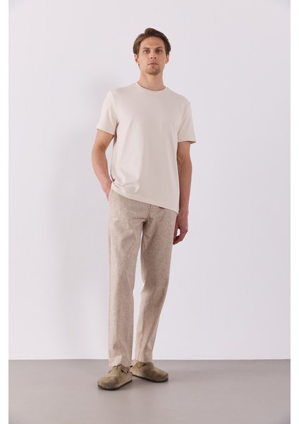 Ken Beli Lastikli Lycra Keten Chino Pantolon-Kahve Çizgili