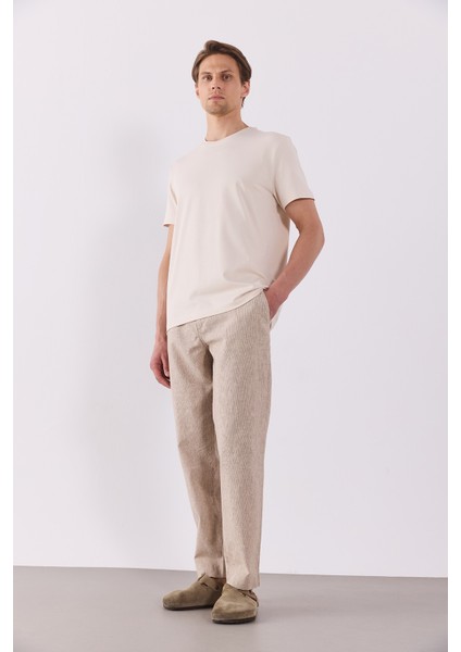 Ken Beli Lastikli Lycra Keten Chino Pantolon-Kahve Çizgili fırsatları