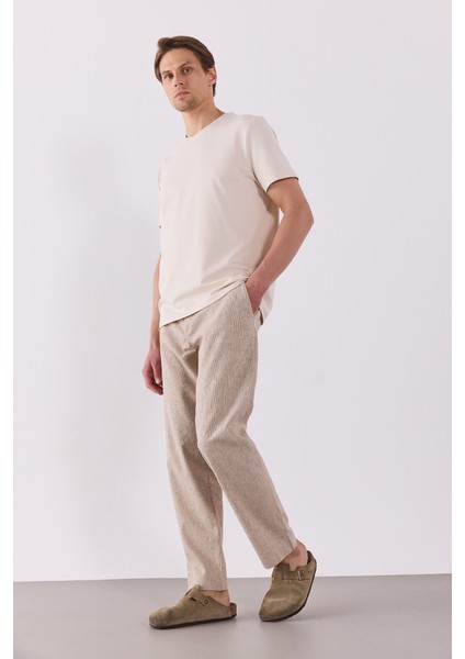 Ken Beli Lastikli Lycra Keten Chino Pantolon-Kahve Çizgili indirimleri