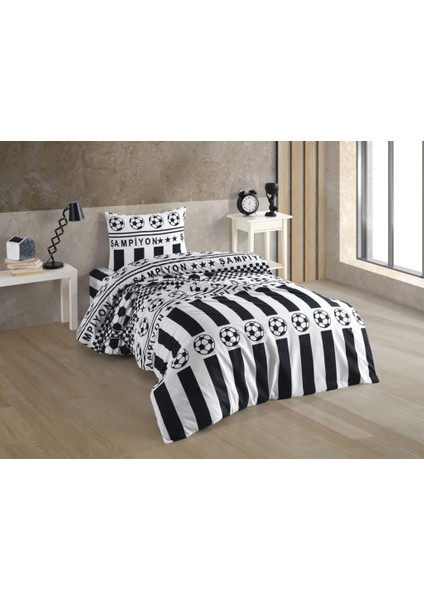 Siyah Beyaz Taraftar Desenli Tek Kişilik Nevresim Takımı